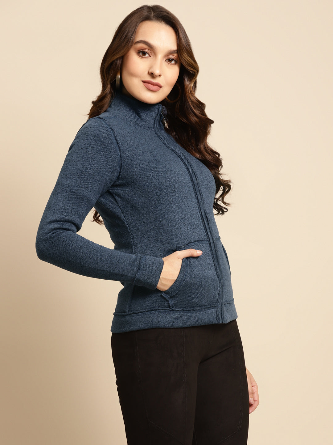 Blue Regular Plain Woolen Jacket