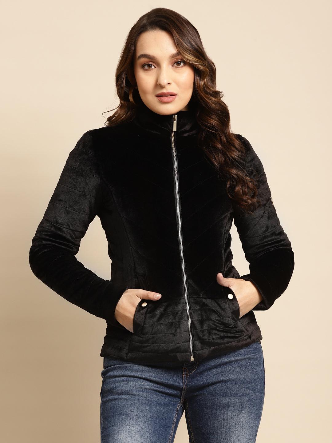 Black Regular Plain Velour Zipper Jacket - Lakshita