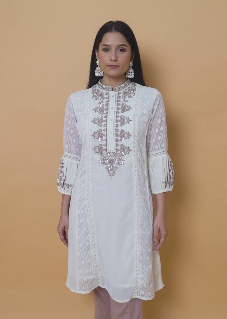 Ivory Long Kurta with Embroidery and Flared Sleeves 23SSLK03051-12 ...