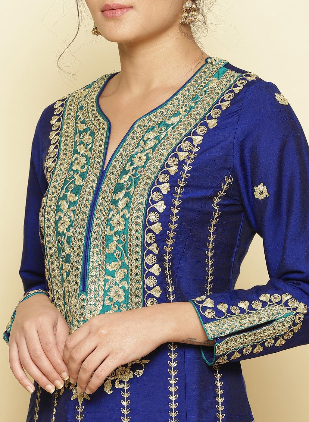 Imperial Blue Jashn Embroidered Kurta With Lace Inserts - Lakshita