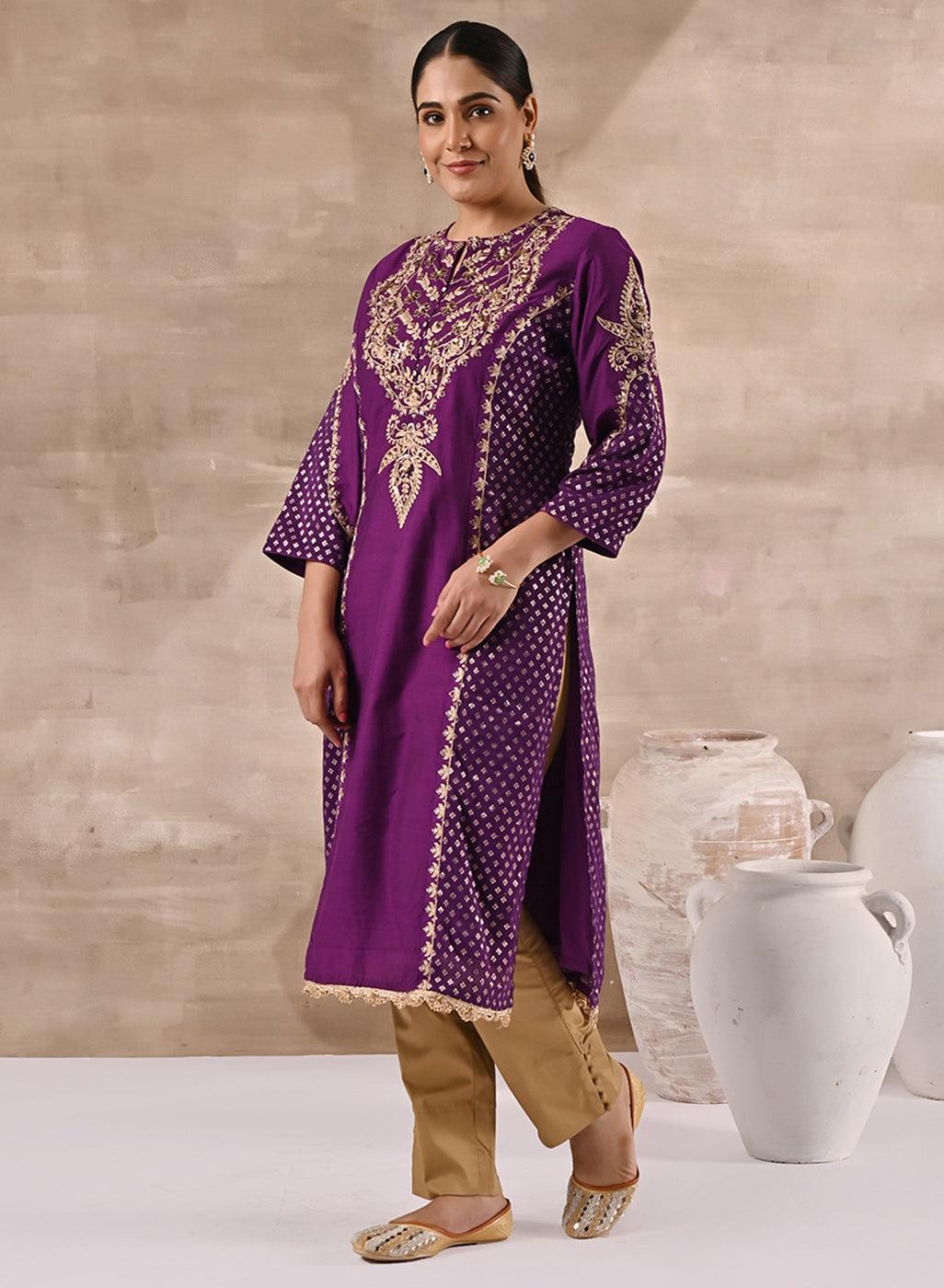 Purple Printed Kurta With Embroidery - Lakshita