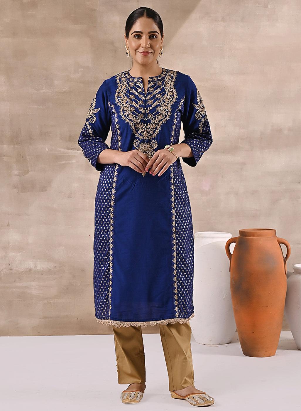 Buy online Women Navy Blue Printed A-line Kurti from Kurta Kurtis for Women  by Saree Swarg for ₹849 at 56% off | 2024 Limeroad.com