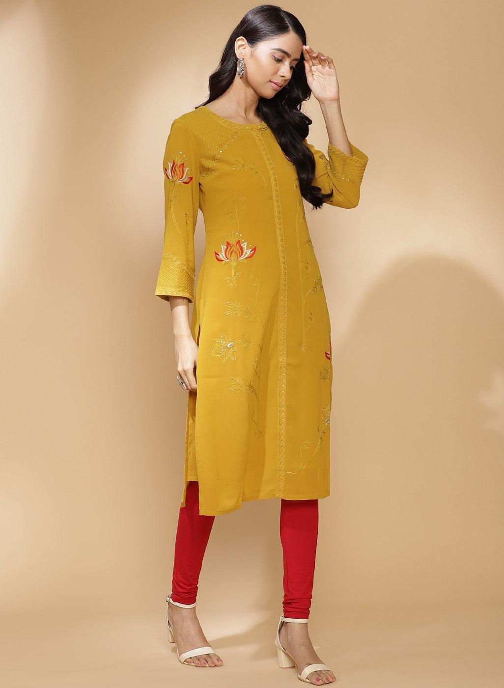 Spicy Mustard Bahaar Embroidered Kurti With Sequins - Lakshita