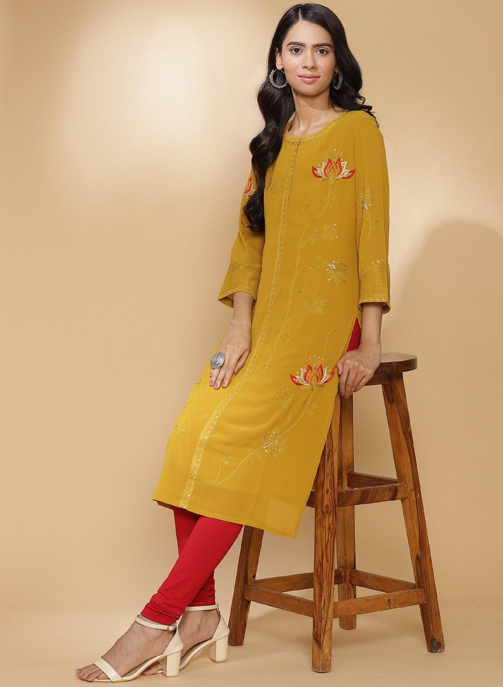 Spicy Mustard Bahaar Embroidered Kurti With Sequins - Lakshita