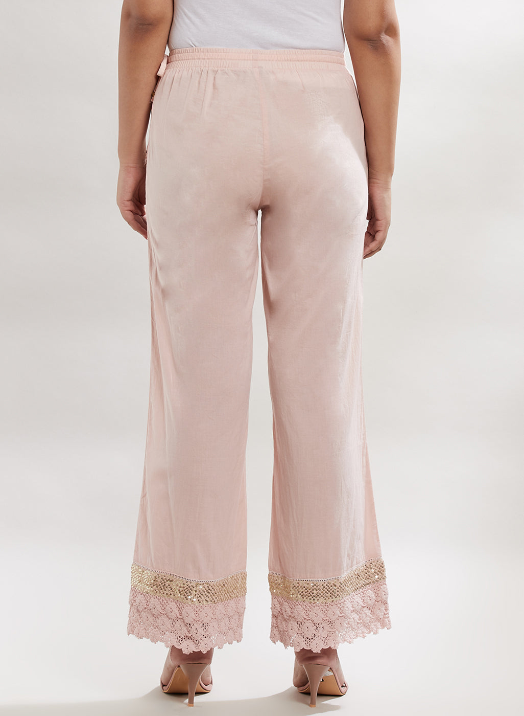 Peach Palazzos With Shimmery Details At The Hems