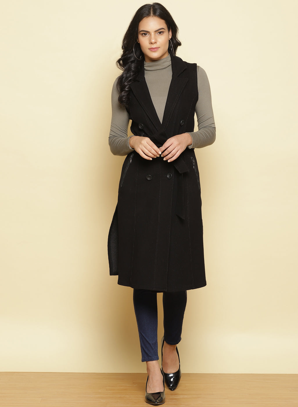 Charcoal Black Sleeveless Trench coat