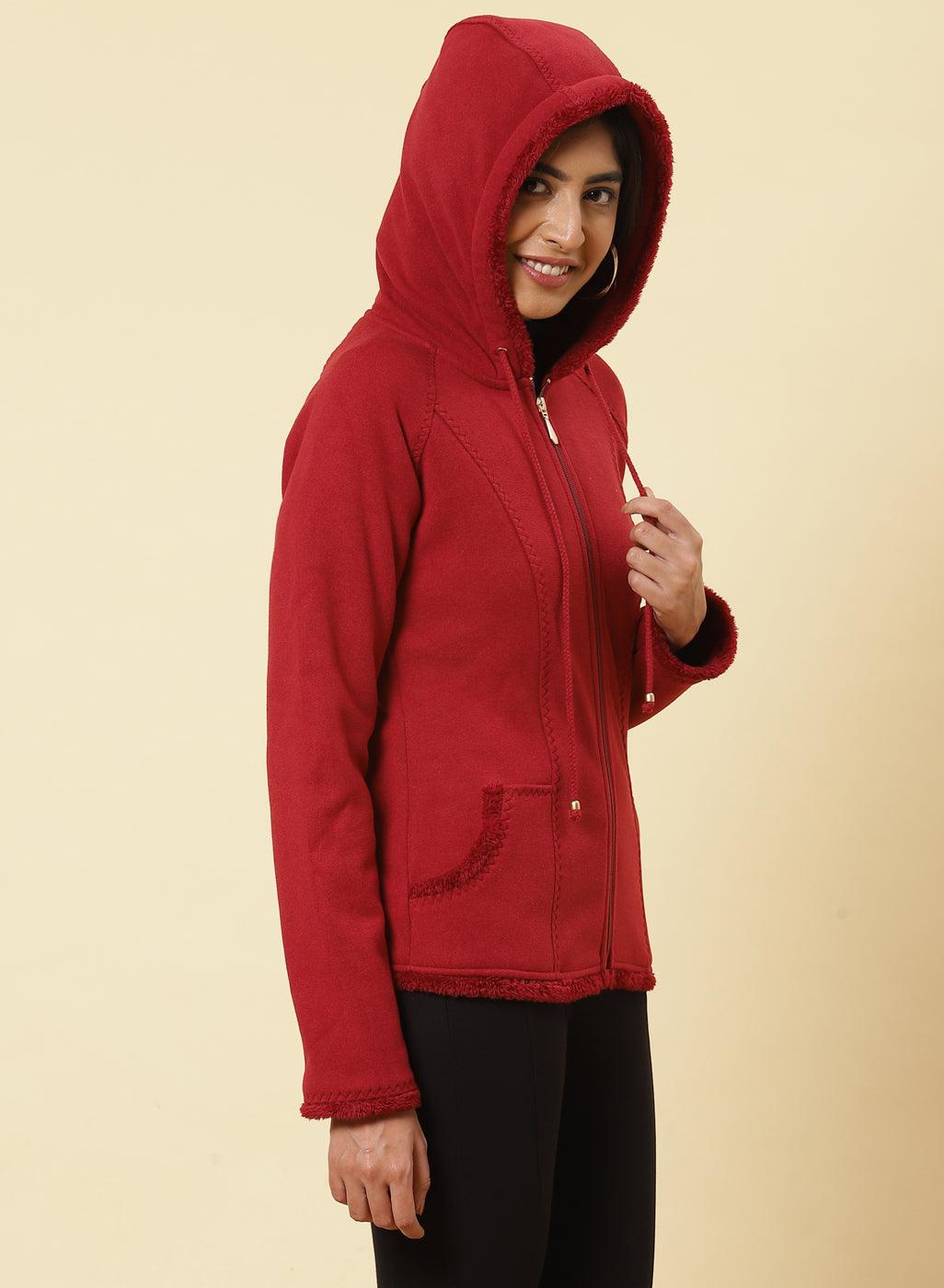 Clay Red Fleece Zipper Jacket - Lakshita