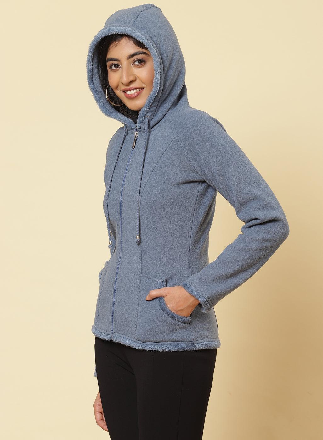 Ice Blue Fleece Zipper Jacket - Lakshita