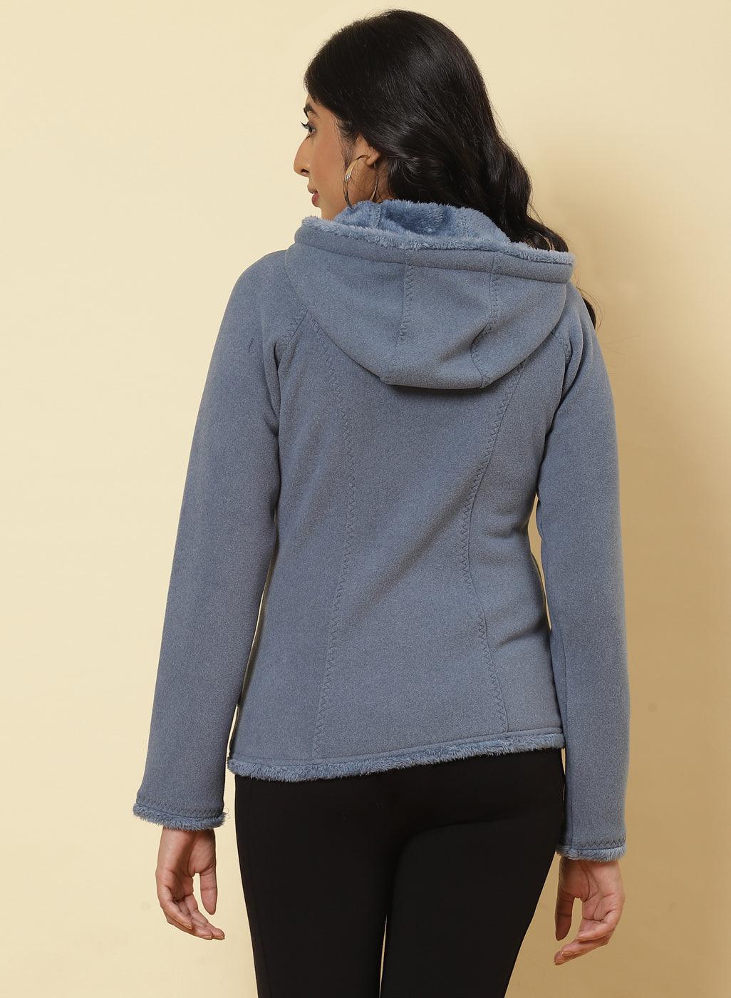 Ice Blue Fleece Zipper Jacket - Lakshita