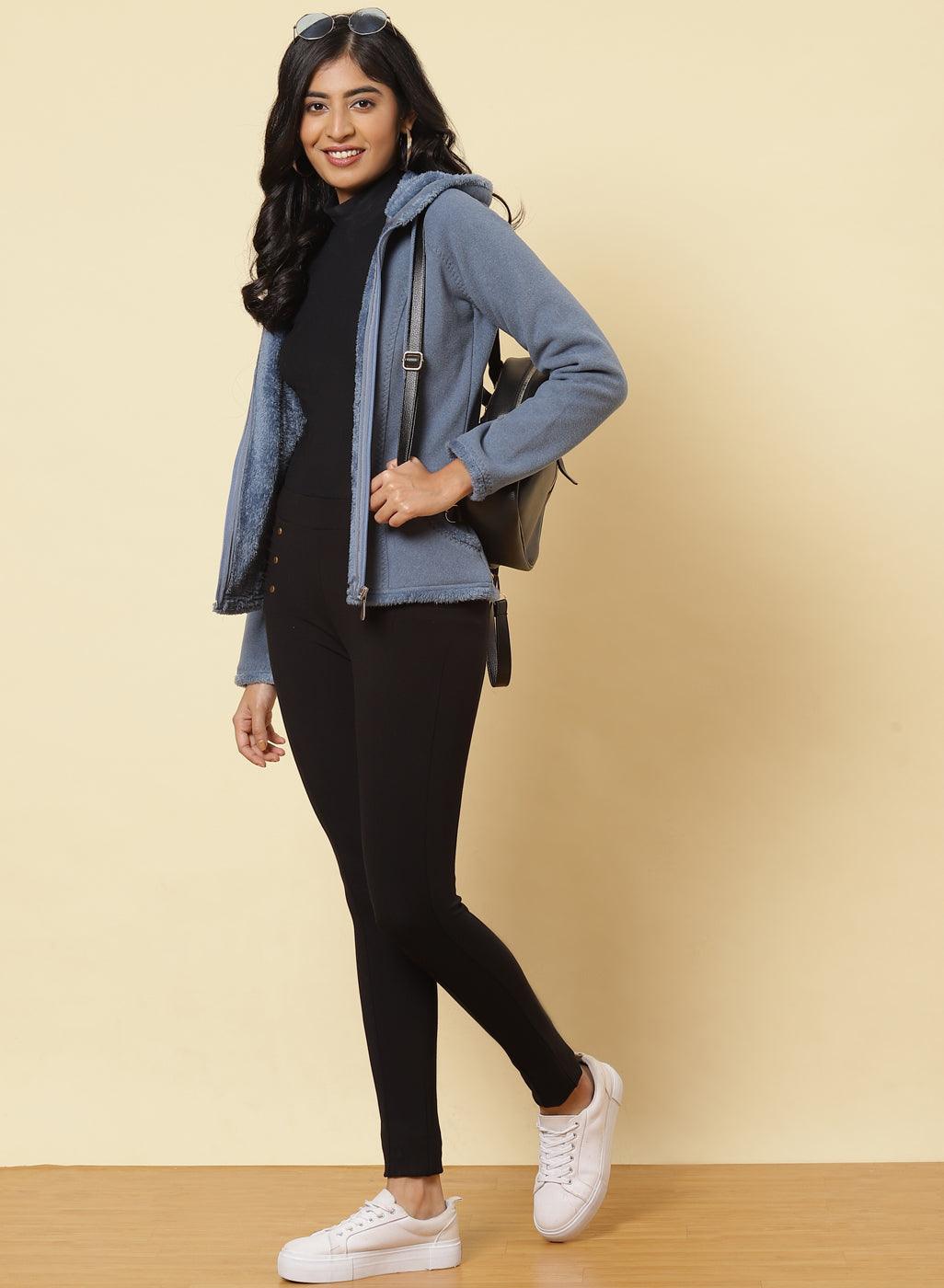Ice Blue Fleece Zipper Jacket - Lakshita