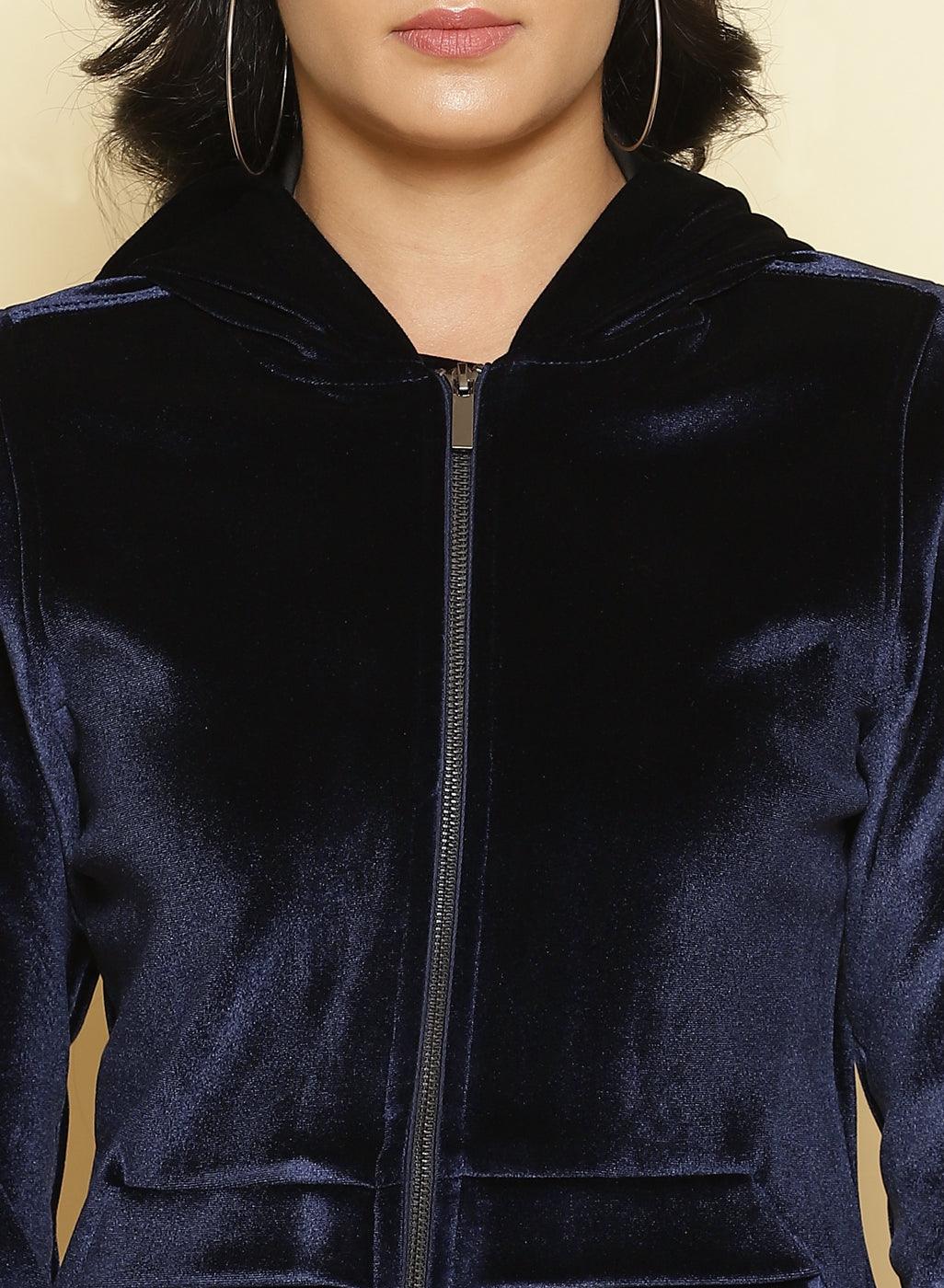 Midnight Blue Fleece Zipper Jacket - Lakshita