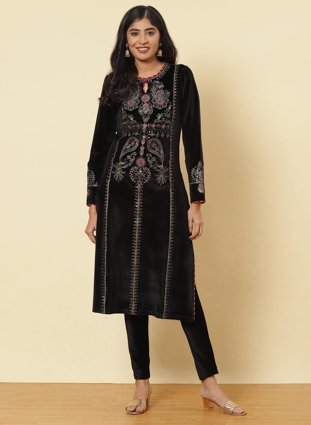 Charcoal Black Embroidered Velvet Kurta With Sequins - Lakshita