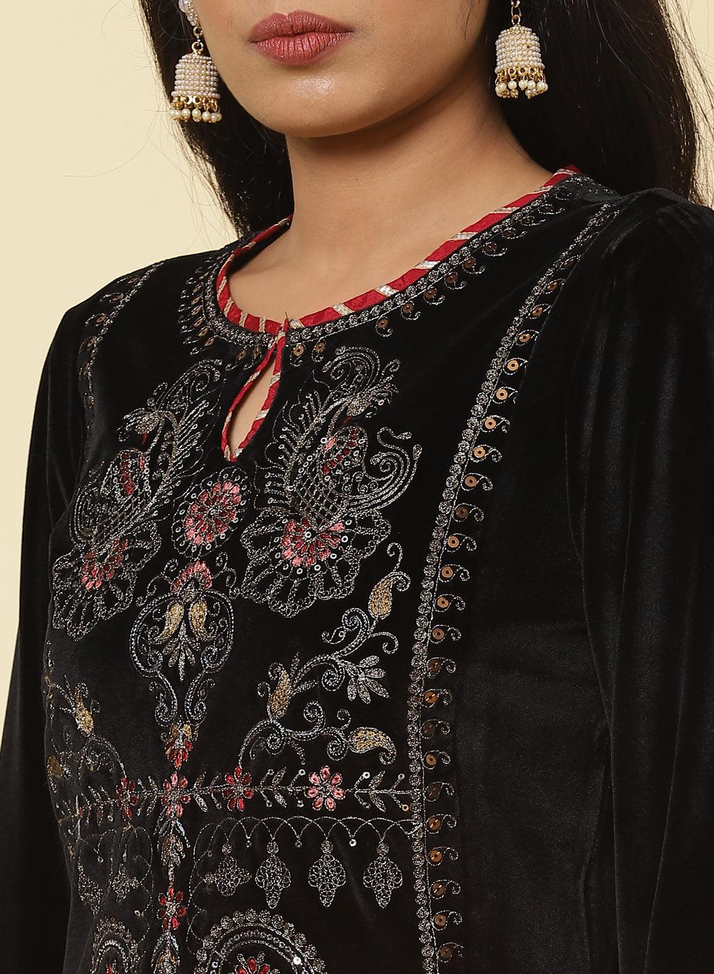 Charcoal Black Embroidered Velvet Kurta With Sequins - Lakshita