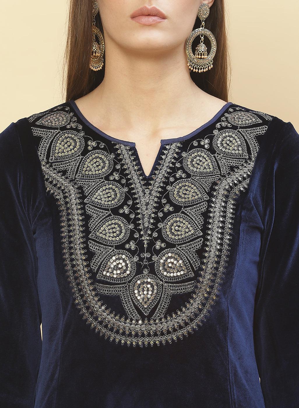 Imperial Blue Embroidered Velvet Kurti - Lakshita