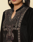 Charcoal Black Embroidered Velvet Kurti - Lakshita