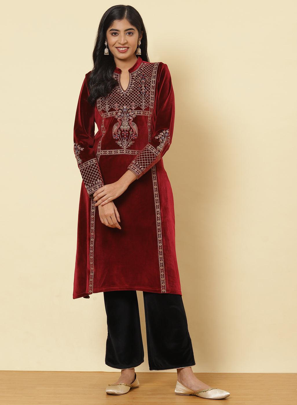 Velvet Kurti Plazo Suit - India Trendy Stock