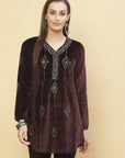 Antique Mauve Embroidered Velvet Tunic With Sequins for Women