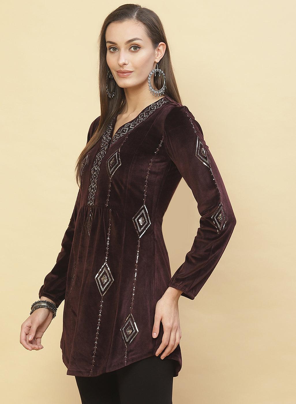 Antique Mauve Embroidered Velvet Tunic With Sequins - Lakshita