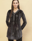 Slate Grey Embroidered Velvet Tunic With Sequins - Lakshita