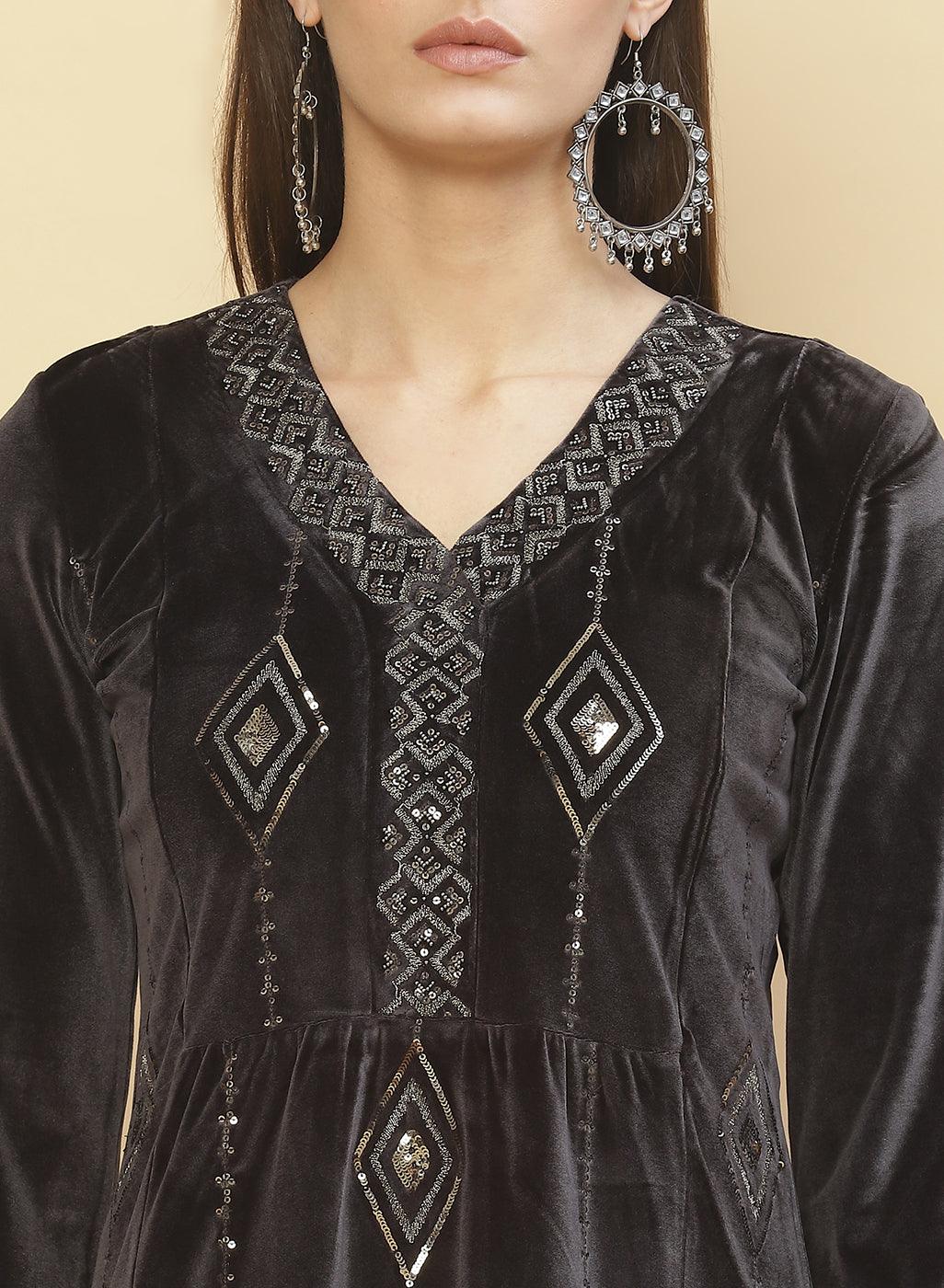 Slate Grey Embroidered Velvet Tunic With Sequins - Lakshita