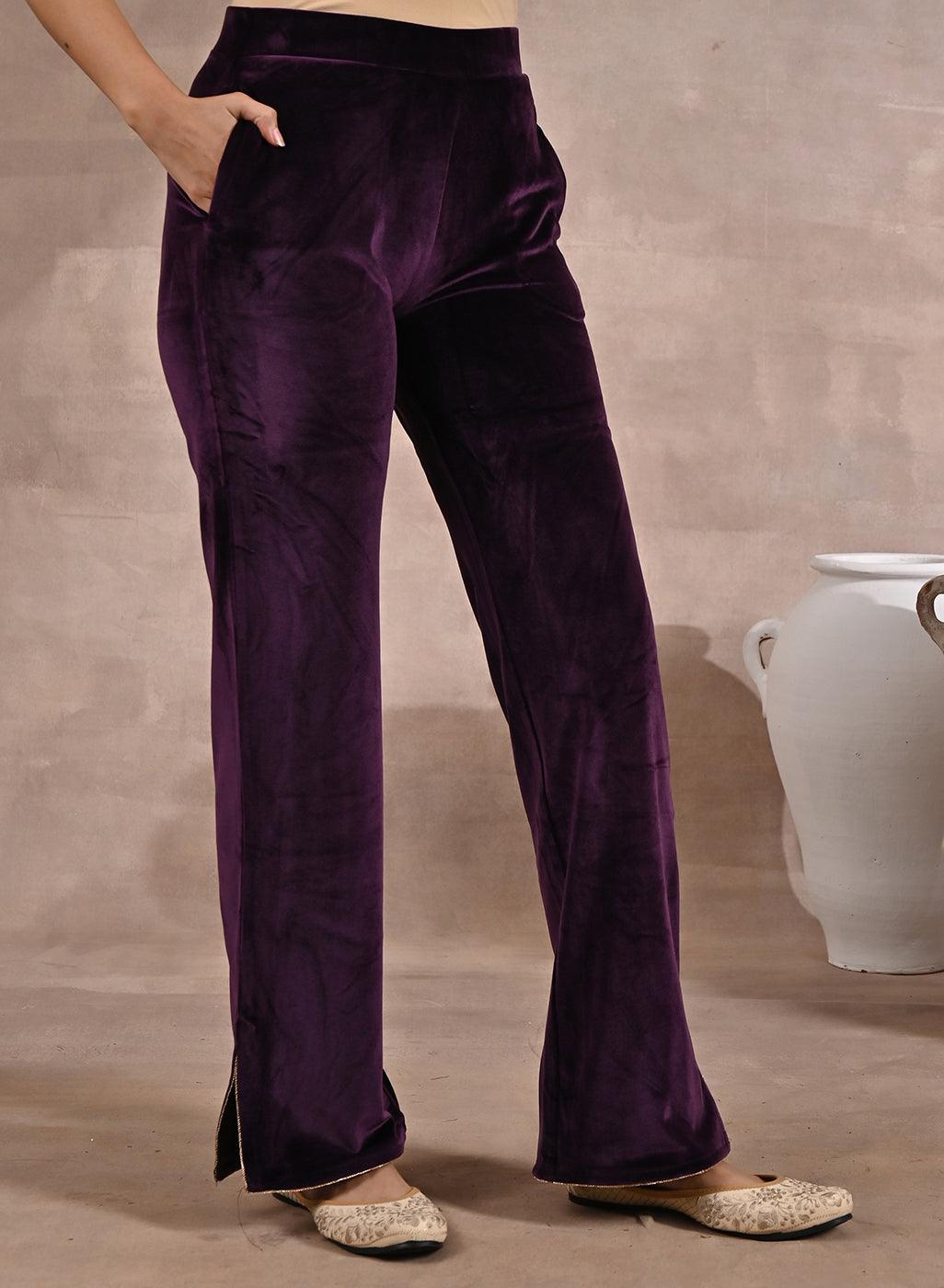 Solid Purple Velvet Palazzo with Zari Detail at Hem - Lakshita