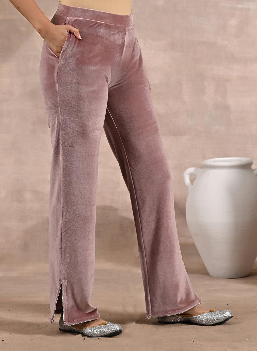 Solid Pink Velvet Palazzo with Zari Detail at Hem - Lakshita