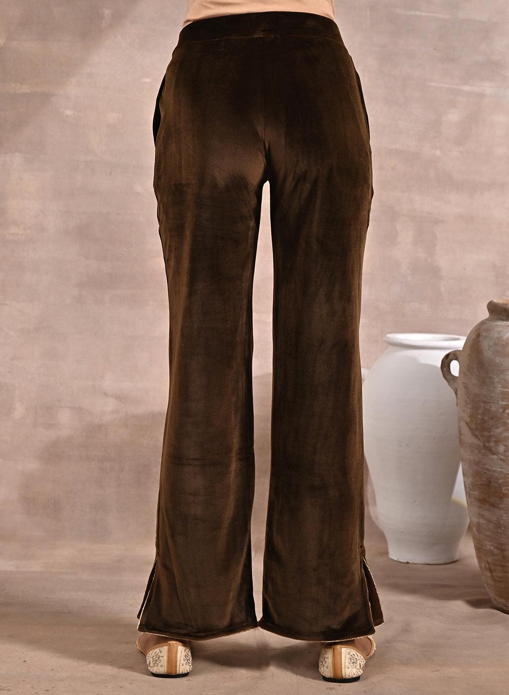 Solid Dark Beige Velvet Palazzo with Zari Detail at Hem - Lakshita