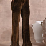 Solid Dark Beige Velvet Palazzo with Zari Detail at Hem - Lakshita
