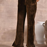 Solid Dark Beige Velvet Palazzo with Zari Detail at Hem - Lakshita
