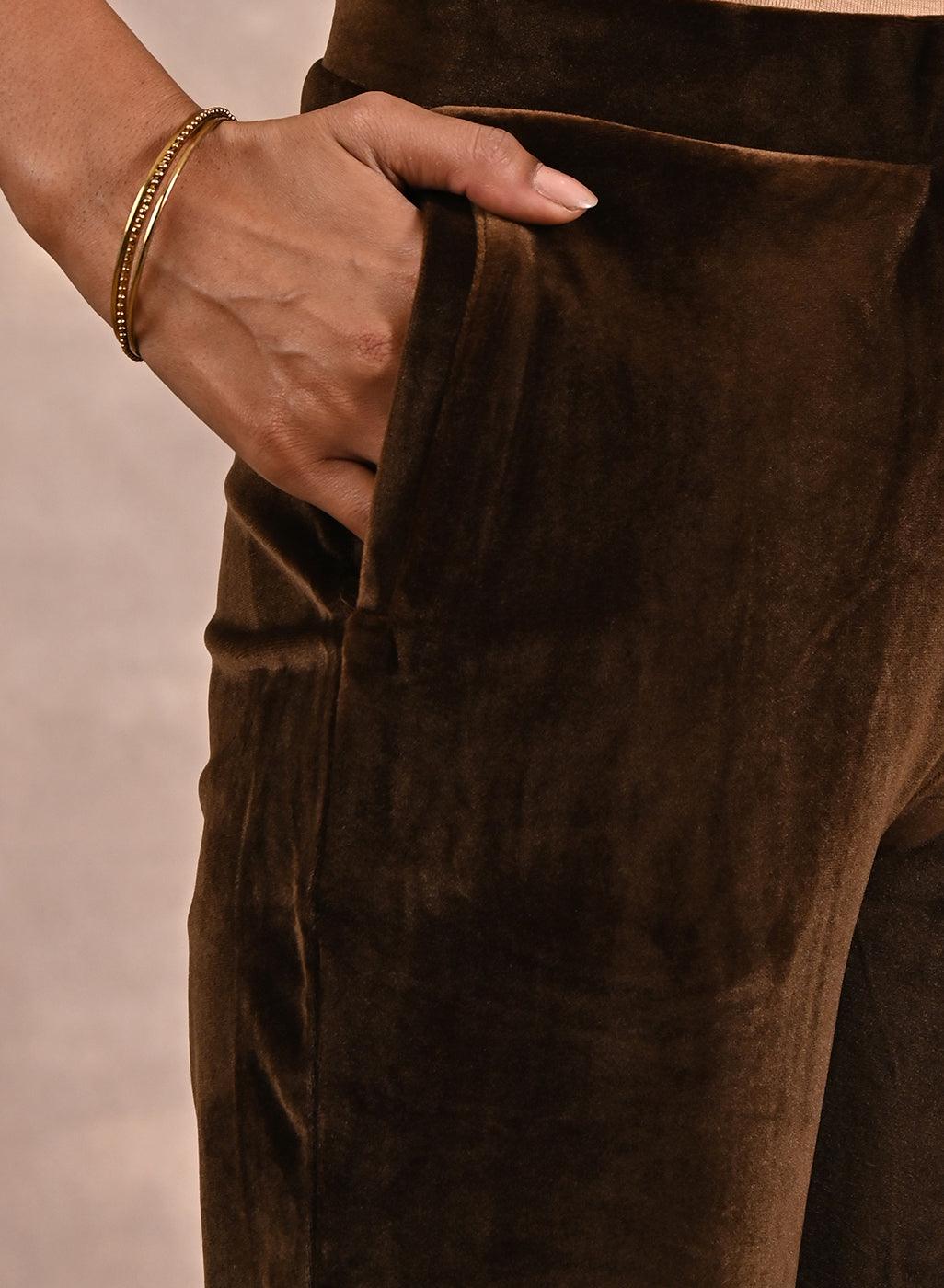 Solid Dark Beige Velvet Palazzo with Zari Detail at Hem - Lakshita