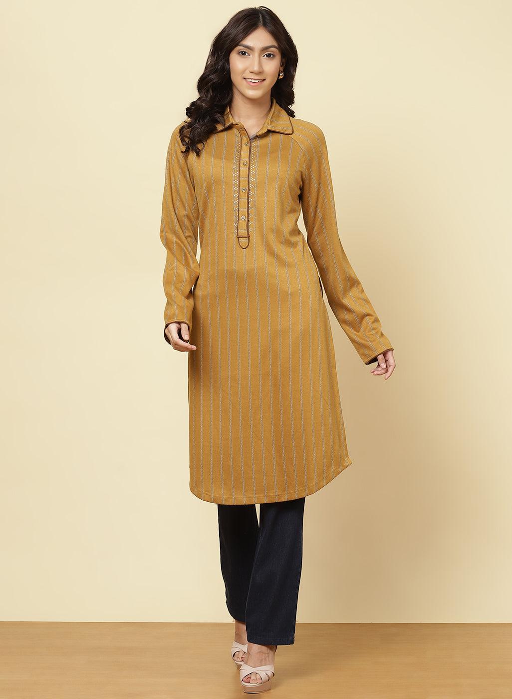 Spicy Mustard Striped Kurti - Lakshita
