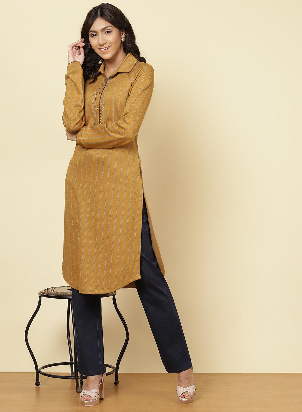 Spicy Mustard Striped Kurti - Lakshita