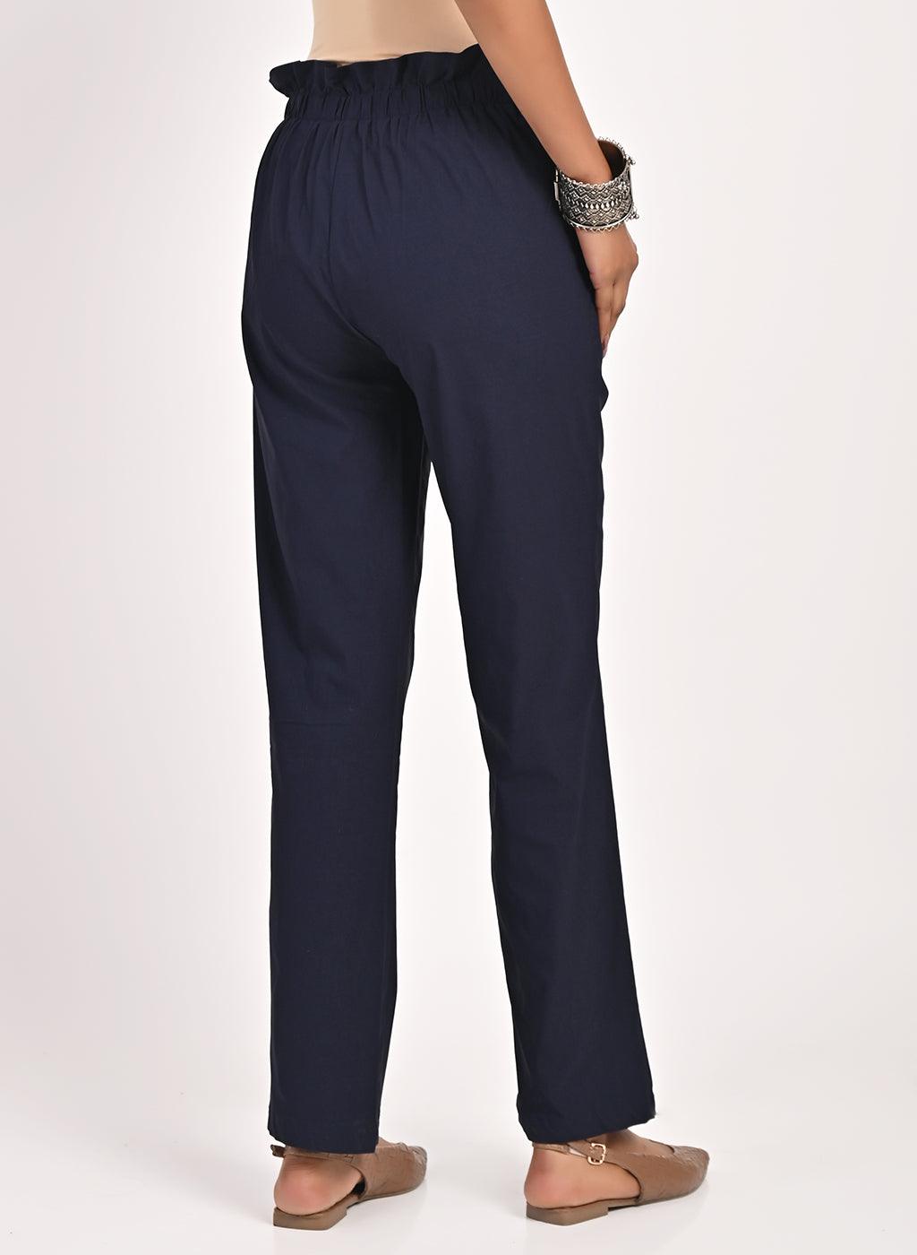 Navy Blue Straight Fir Pant with Decorative Belt Detail - Lakshita