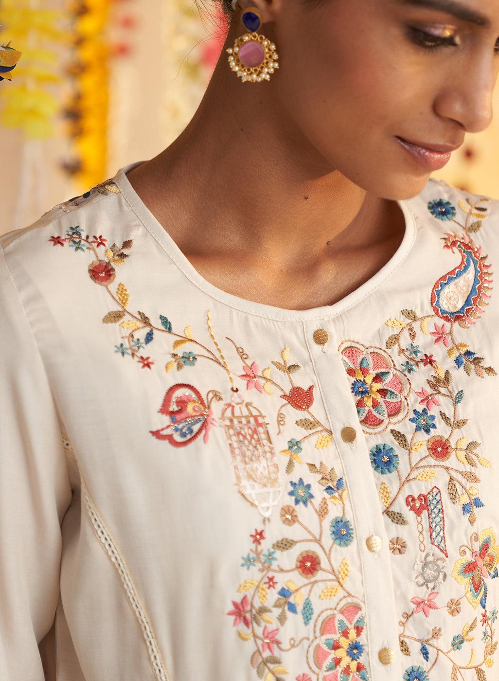 Ivory Solid Kurta with Multicolor Embroidery - Lakshita