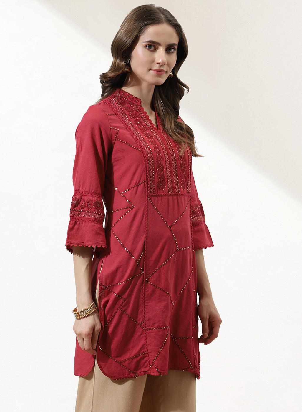 Red Kurti With Delicate Embroidery - Lakshita