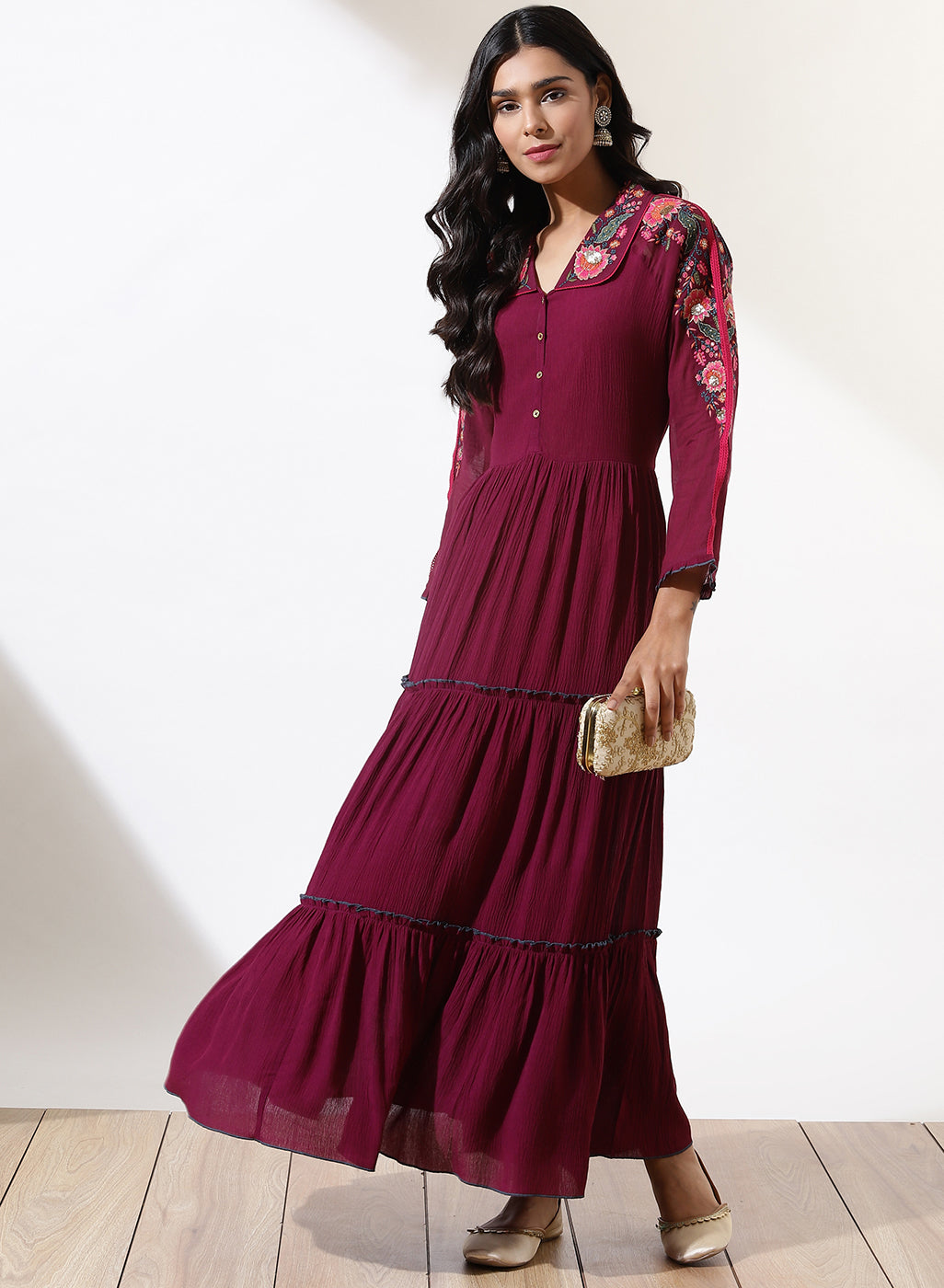 Wine Frill Dress With Delicate Embroidery
