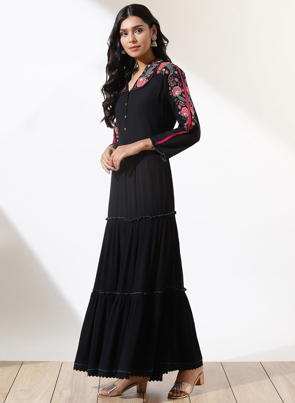 Black Frill Dress With Delicate Embroidery