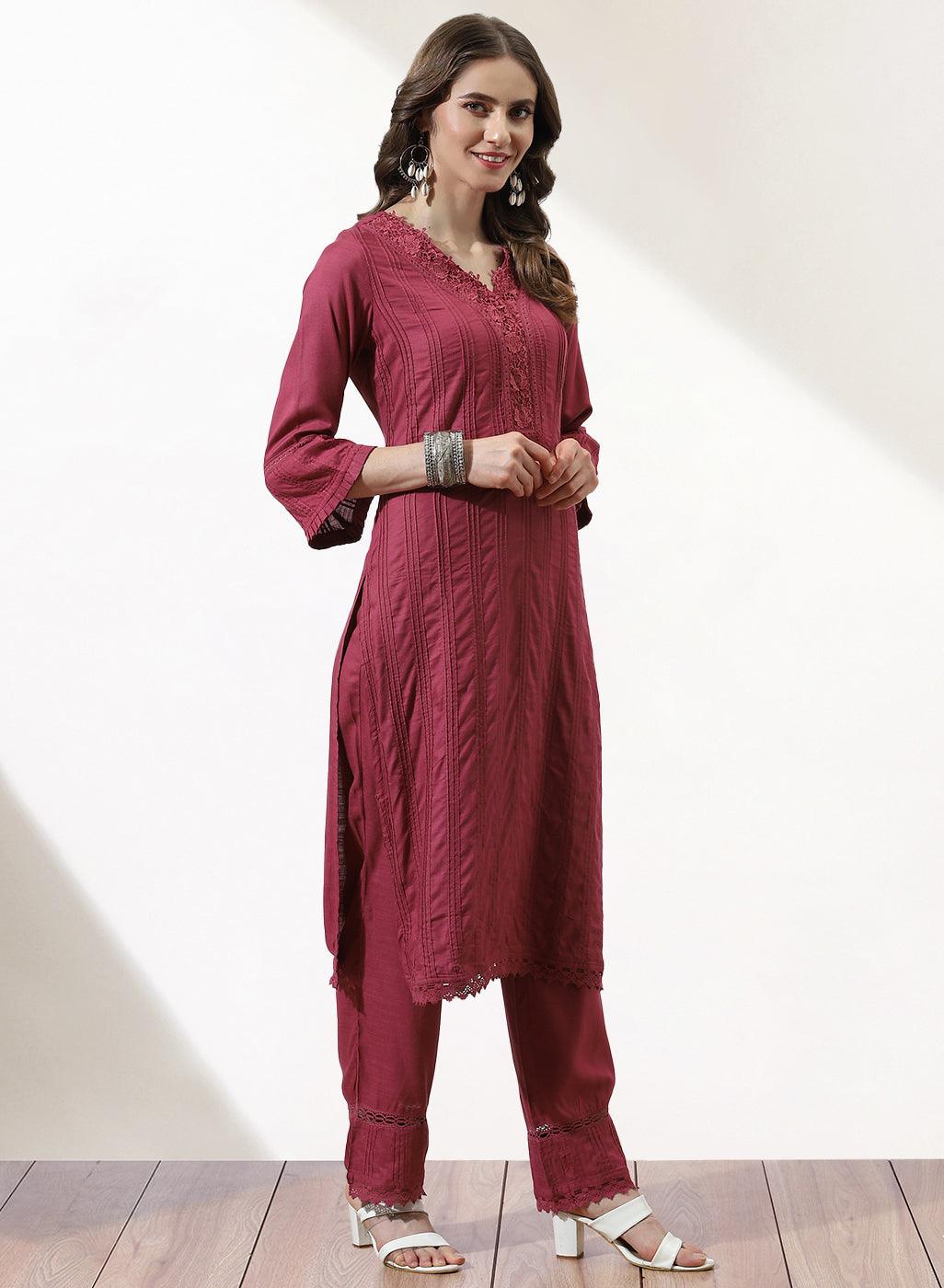 Beet Red Alora Collection Kurta Set With Lace Detailing - Lakshita