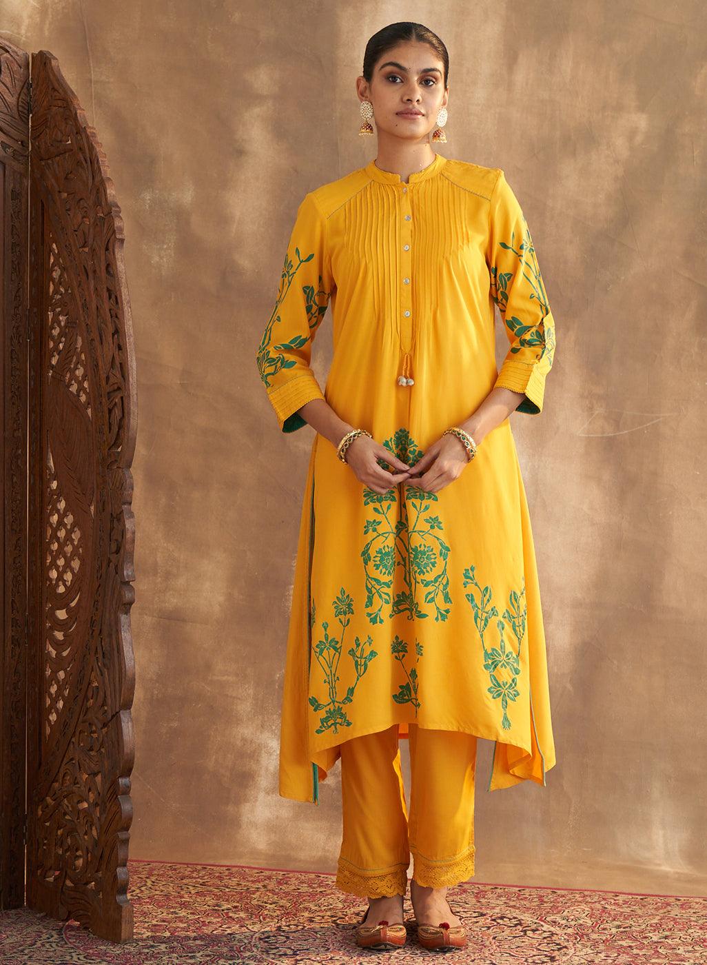 Gold Satin Kurti with Sequin Work and Puff Sleeves-23SLK03033-8A – Lakshita