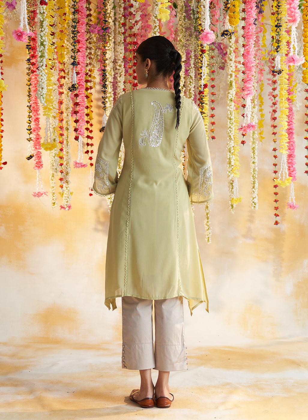 Back View of Apple Green Kurta With Delicate Embroidery