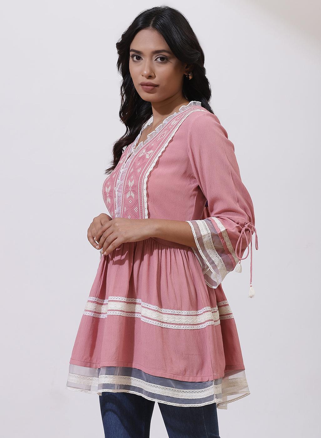 Pink Tunic With Embroidery & Lace - Lakshita