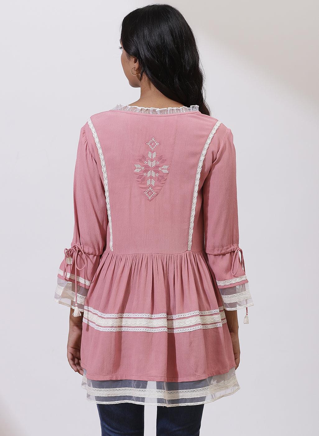 Pink Tunic With Embroidery &amp; Lace - Lakshita