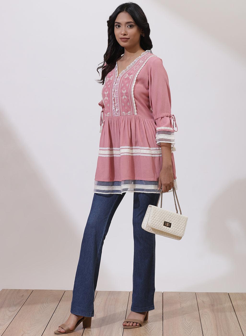 Pink Tunic With Embroidery &amp; Lace - Lakshita