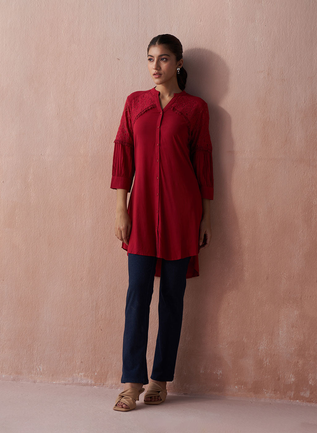 Red Alora Collection Shirt With Lace Detail