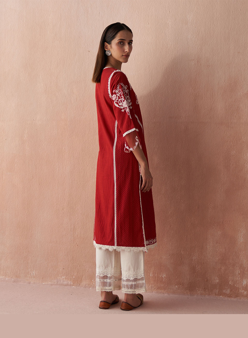 Red Alora Collection Kurta With Embroidery And Lace Detailing