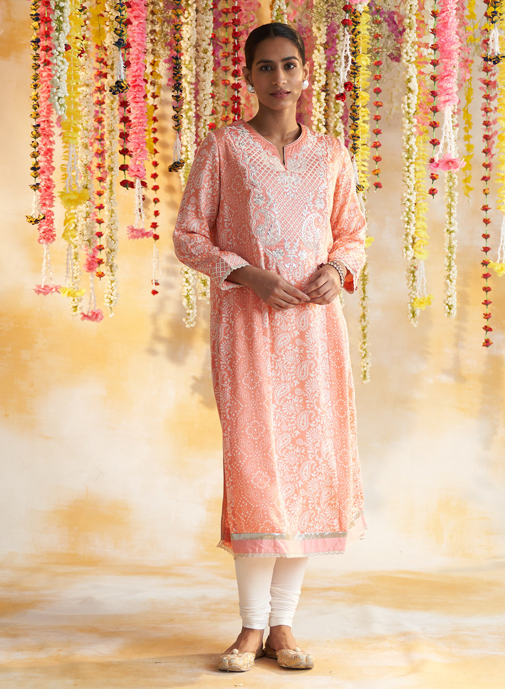 Peach Printed Kurta With Embroidery &amp; Lace