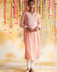Peach Printed Kurta With Embroidery & Lace