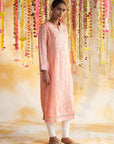 Peach Printed Kurta With Embroidery & Lace