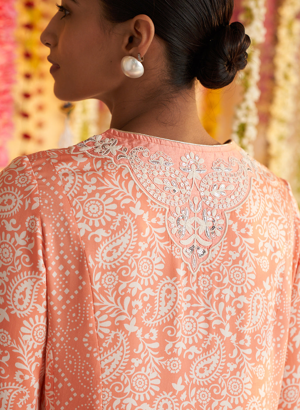 Peach Printed Kurta With Embroidery &amp; Lace