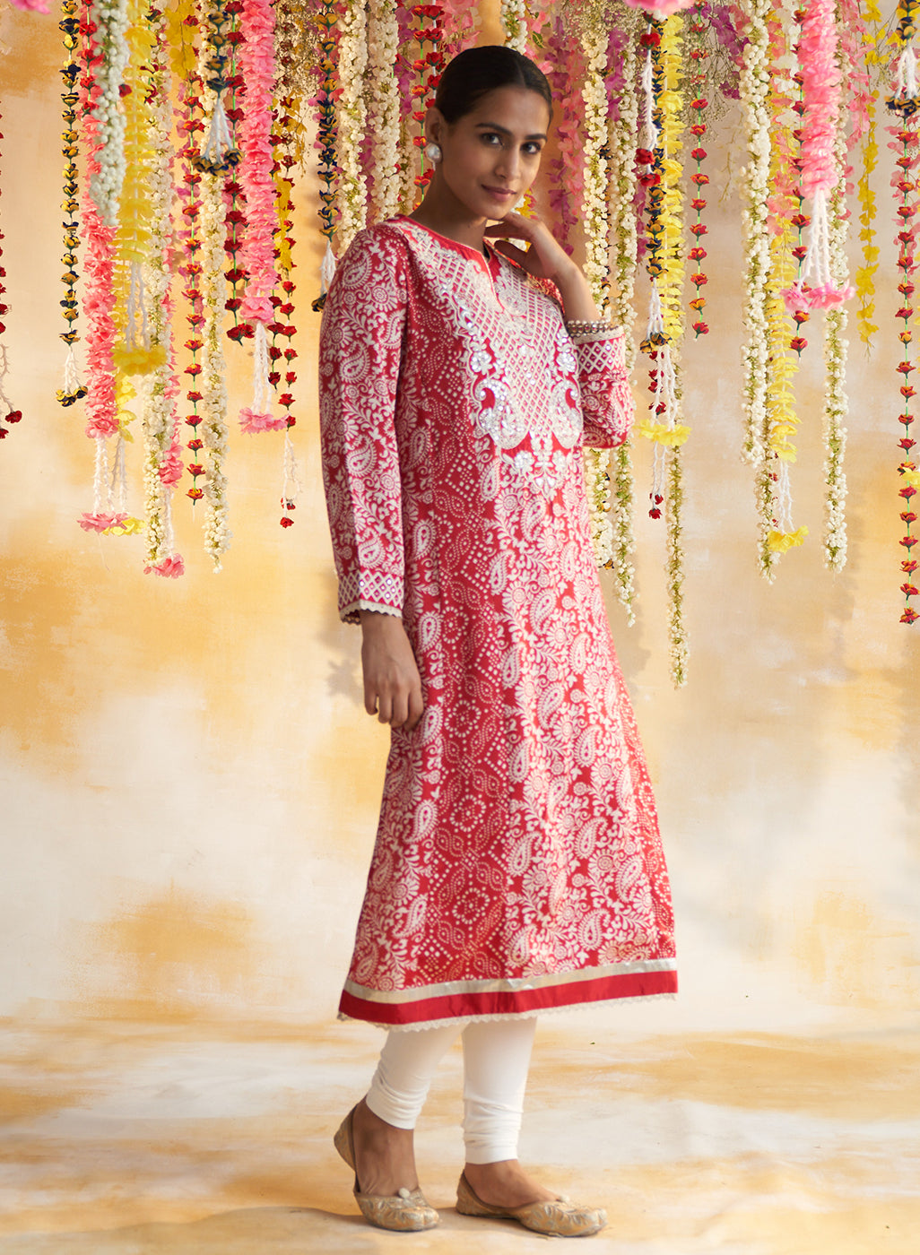 Red Printed Kurta With Embroidery &amp; Lace